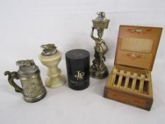 3 table lighters, empty JPS Special tub and wooden cigarette dispenser box
