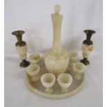 Onyx decanter (27cm) and small goblets (6cm) with tray (25cm) also onyx vases with metal mounts