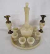 Onyx decanter (27cm) and small goblets (6cm) with tray (25cm) also onyx vases with metal mounts