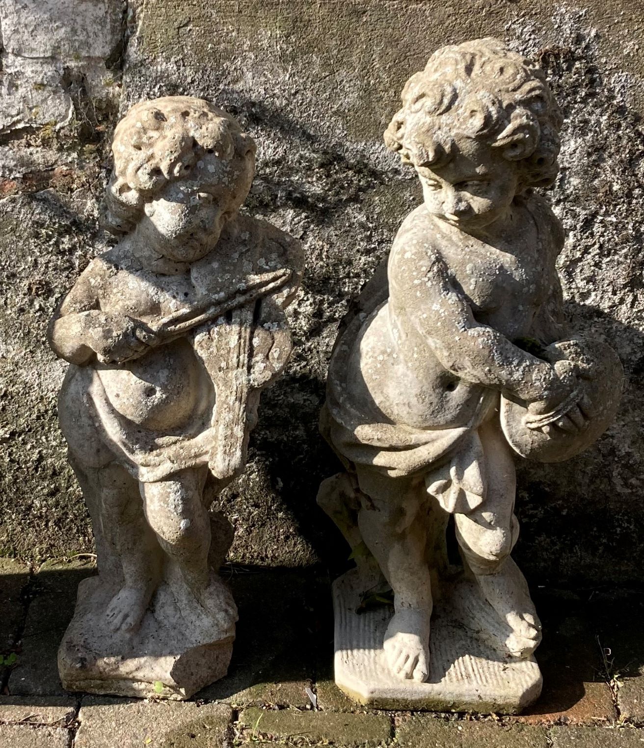 2 cherub musician garden ornaments - larger approx. 68cm tall