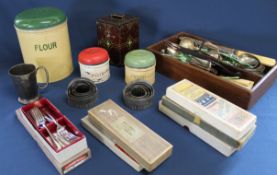 Selection of kitchenalia including canisters, Crawford biscuit tin, cutlery & cutlery box