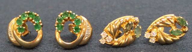 Pair of 9ct gold emerald & diamond chip earrings (3.33g) & pair of unmarked synthetic diamond &
