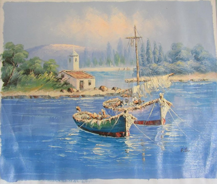 Unframed oil on canvas with boats on water signed possibly Billis - approx. 68cm x 57.5cm