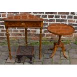 Carved oak footstool, corner table and a small Regency style wine table