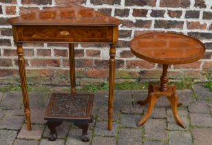 Carved oak footstool, corner table and a small Regency style wine table