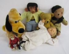 Collection of vintage toys includes Pluto, Jacko monkey, vinyl doll, Deans wood wool filled teddy