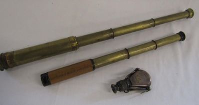 2 leather bound brass telescopes and R & J Beck Ltd gun powder pouch site