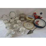 Colclough 'Linden' part tea set and plates, cake stands and plate also a silver plate cake slice