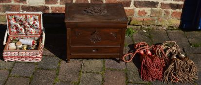 Ornate flower carved box, 4 curtain tie backs and a sewing box with content