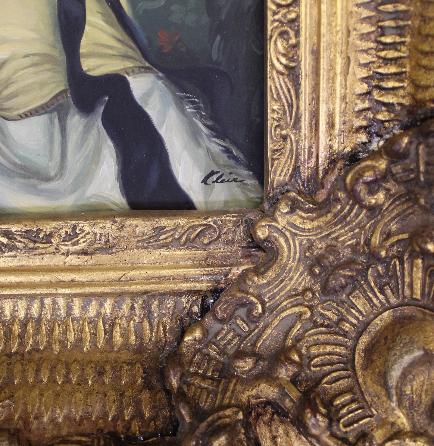 Antique style oil on board depicting lady looking out a window in elaborate frame, signed Klein 39cm - Image 3 of 4