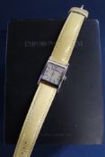Emporio Armani ladies wristwatch on yellow leather strap, with original box & instruction booklet