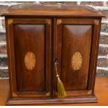 Edwardian smokers cabinet with inlaid panelled doors & contents H40cm x W39cm x D23cm