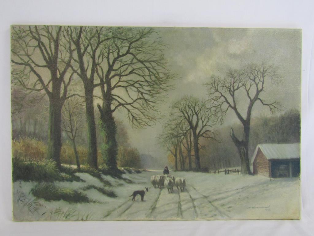 Oil on canvas depicting a snow scene signed Thompson 1976 - approx. 76cm x 51cm - Image 2 of 4