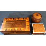 Two decorative inlaid wooden boxes & oak tobacco barrel
