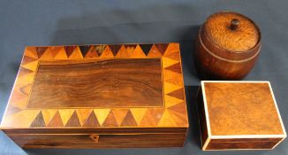 Two decorative inlaid wooden boxes & oak tobacco barrel