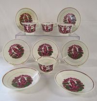 Faith, Hope and Charity Sunderland Temperance pink lustre 4 cups and 7 saucers (lustre worn)