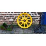 Tractor wheel, cast iron table base and child's Webb hand push lawn mower