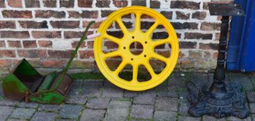 Tractor wheel, cast iron table base and child's Webb hand push lawn mower
