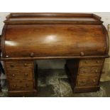 Large Victorian mahogany drum top desk with sliding writing slope drawer inset with leather skiver &