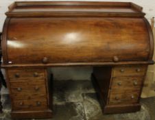 Large Victorian mahogany drum top desk with sliding writing slope drawer inset with leather skiver &