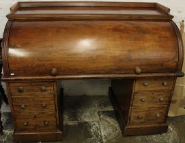 Large Victorian mahogany drum top desk with sliding writing slope drawer inset with leather skiver &