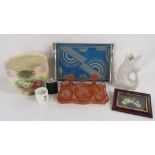 Jardiniere with rose pattern, Ford Model A picture containing watch parts, glass dressing table set,