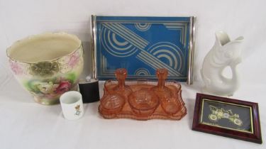 Jardiniere with rose pattern, Ford Model A picture containing watch parts, glass dressing table set,