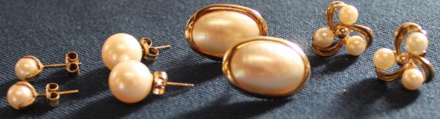 14k gold mounted half pearl earrings, pair of 9ct gold triple pearl earrings & 2 other pairs of pear