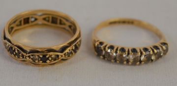 9ct gold eternity ring inset with faux diamonds & rubies size Q & 9ct gold half hoop ring inset with
