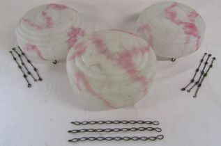 Pair of Art Deco glass flycatcher ceiling light shades with chains and one similar