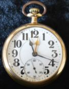 Bunn Special American gold plated pocket watch with 3rd hand. Plate worn in places & cracking to the