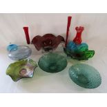 Mixed coloured glass ware - red footed dish, green and blue dish, gypsy glass, bubble glass etc