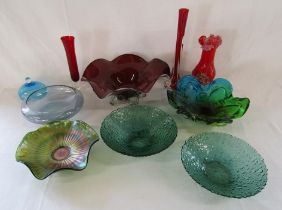 Mixed coloured glass ware - red footed dish, green and blue dish, gypsy glass, bubble glass etc