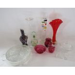 Mixed glassware to include Galileo thermometer, cranberry glass, Murano style coloured vase with