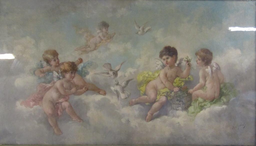 Large framed oil painting depicting cherubs in the clouds, signed Lutyens (Charles Augustus Henry