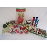 Christmas decorations - Angel tree topper, chenille birds, plastic lustres, baubles etc