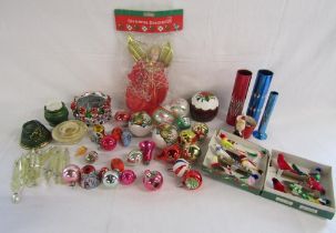 Christmas decorations - Angel tree topper, chenille birds, plastic lustres, baubles etc