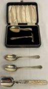 Boxed Birmingham 1948 baby's pusher and spoon O&F makers mark, Birmingham 1854 mother of pearl