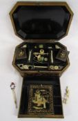 Chinese Export lacquered sewing box of typical canted shape, containing ivory and mostly bone sewing