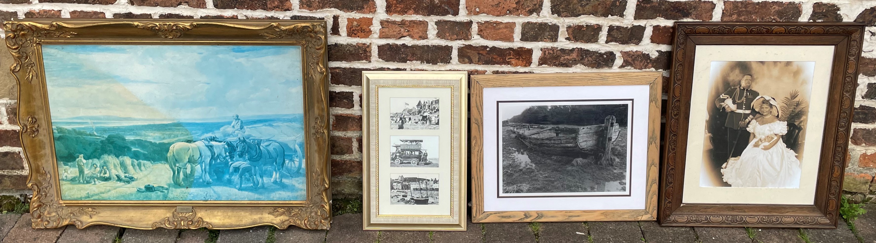 Four pictures including a signed photograph of Purton Gloucestershire by Clive Barrett, framed H