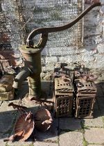 4 cast iron Chinese garden lanterns, water pump & a pair of bird bath wall brackets