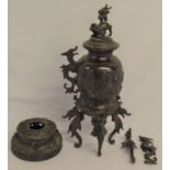 Japanese bronze lidded jar on legs (leg & handle detached) Ht 41cm with a Japanese metal work lid/