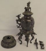 Japanese bronze lidded jar on legs (leg & handle detached) Ht 41cm with a Japanese metal work lid/