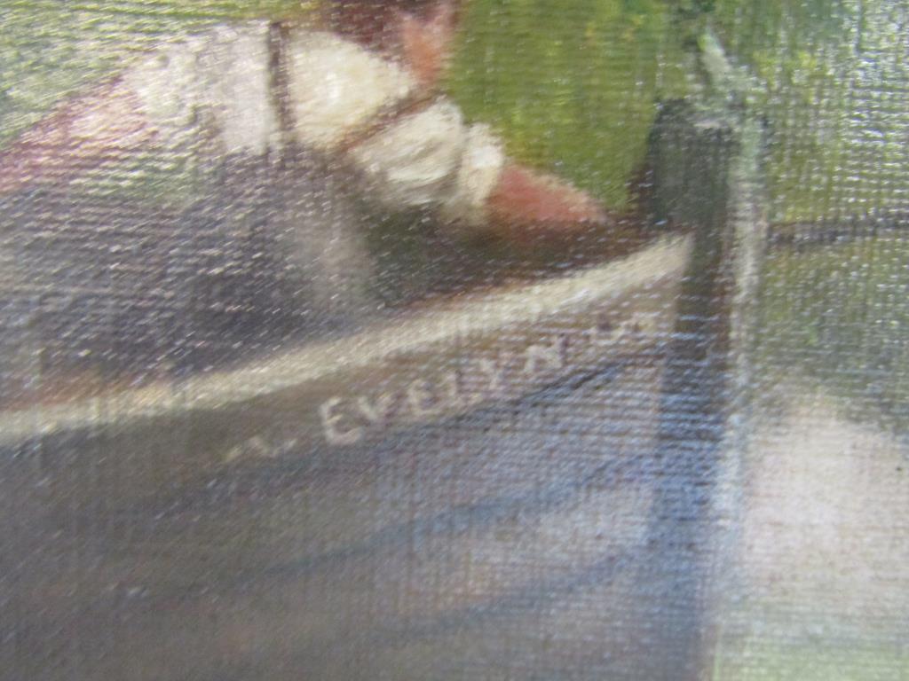 Framed oil on canvas depicting country pub and river scene with 'Evelyn' boat signed Thompson - Image 3 of 6