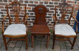 Pair of reproduction Hepplewhite chairs and a hall chair carved with the Grimsby crest