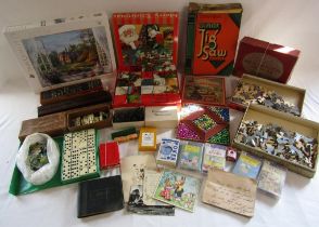 Vintage wooden jigsaws, dominoes, cribbage boards, Christmas toy blocks, Nella's Ball Mosaic,
