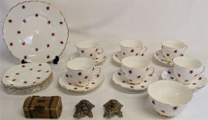 2 Wade tortoise figures, a Wade box and Royal Vale star design part tea set comprising 6 cups,