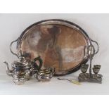 Large silver plate tray, silver plate teapot, milk jug and sugar bowl, boiled egg cruet set and