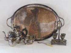 Large silver plate tray, silver plate teapot, milk jug and sugar bowl, boiled egg cruet set and