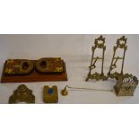 Selection of brassware, including inkwell, picture stands, candle snuffer, playing cards holder with